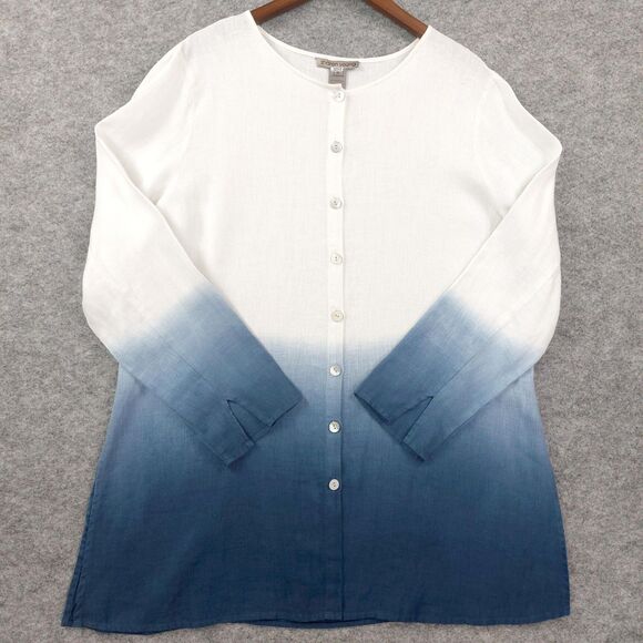 Sharon Young Tunic Womens XL White Blue Ombre Linen Button Up Top Lagenlook - Picture 1 of 9
